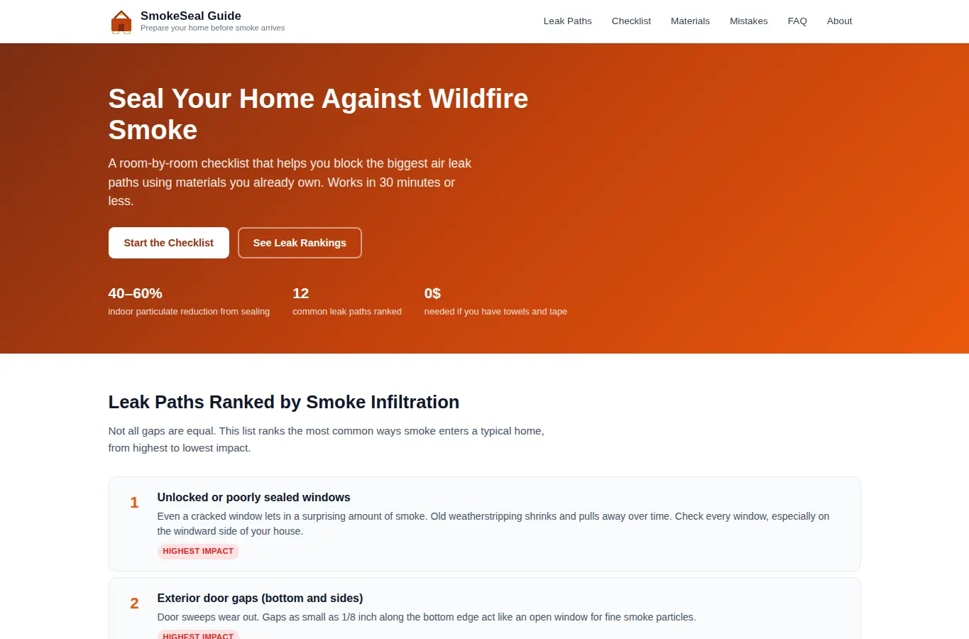 Screenshot of Wildfire Smoke Home Sealing Guide interface showing the project page in use